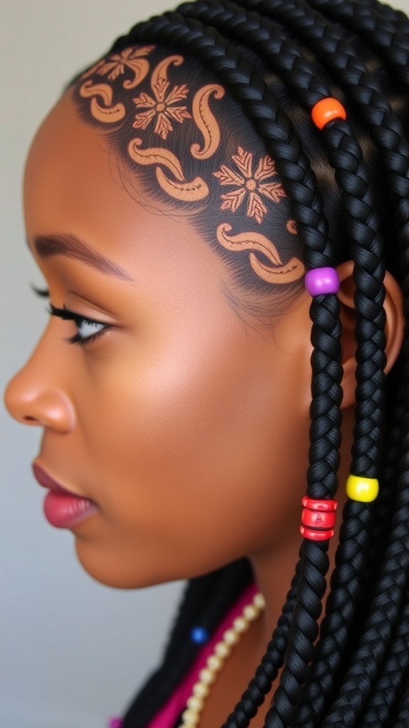 Stylish Cornrow Braids for Black Women Close-up of cornrow braids with colorful beads, highlighting intricate patterns.